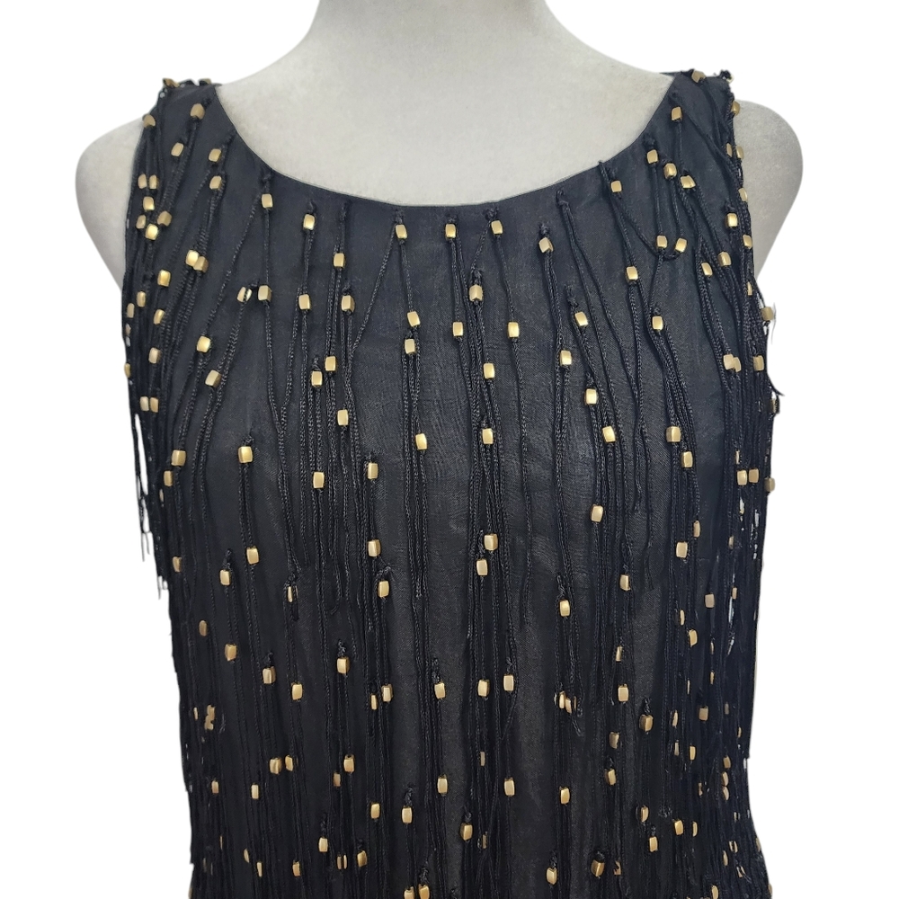 NEW Bagley Mischka Collection Silk Gold Bead Fringe Sleeveless Flapper Dress - Picture 2 of 12